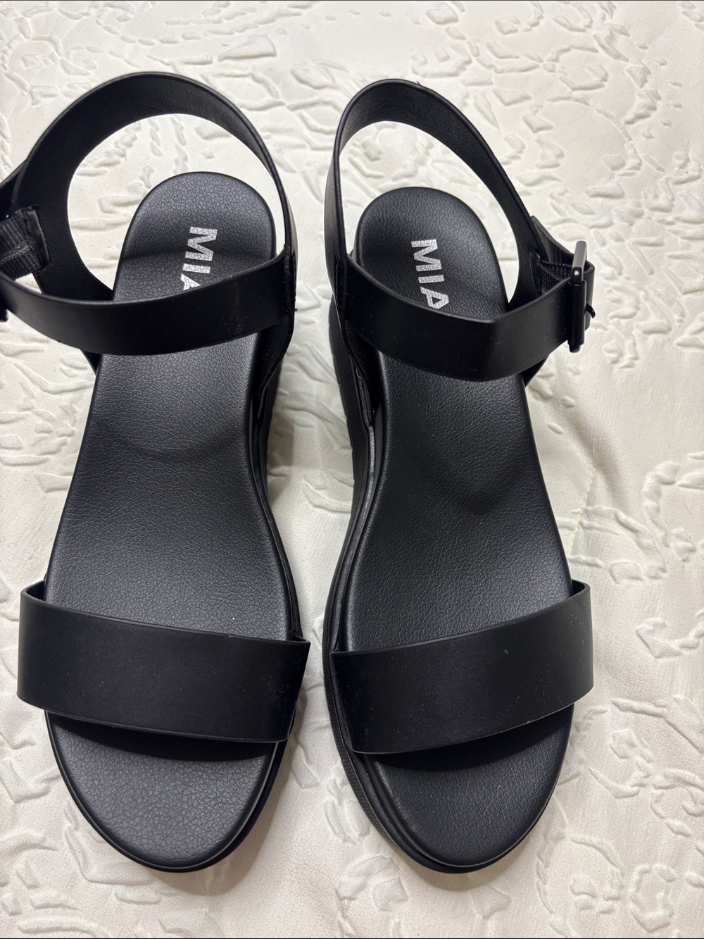 MIA Women's Black Two-Strap Buckle Sandals